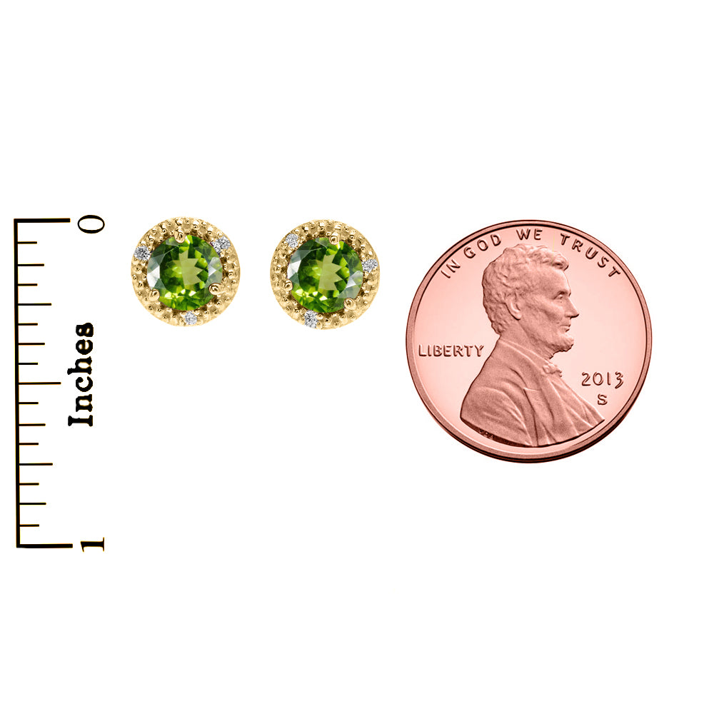 14K Gold Halo Stud Earrings with Solitaire Peridot and Diamonds, view 4