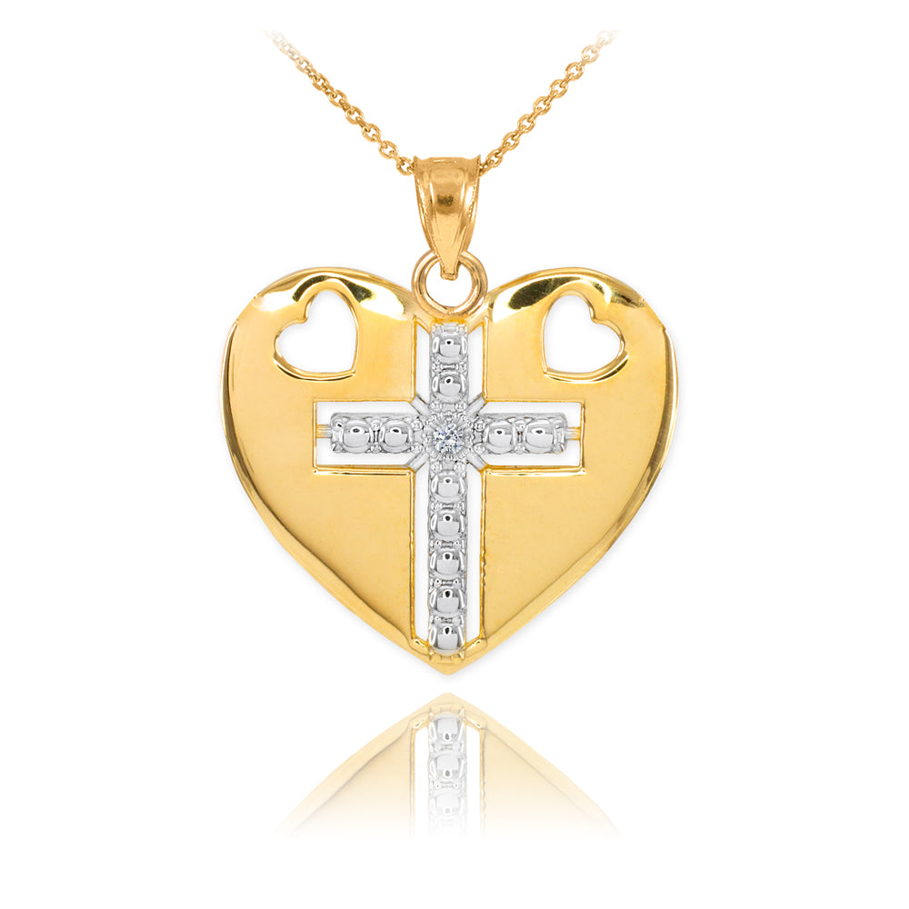 14K Gold Heart Cross Diamond Pendant Necklace