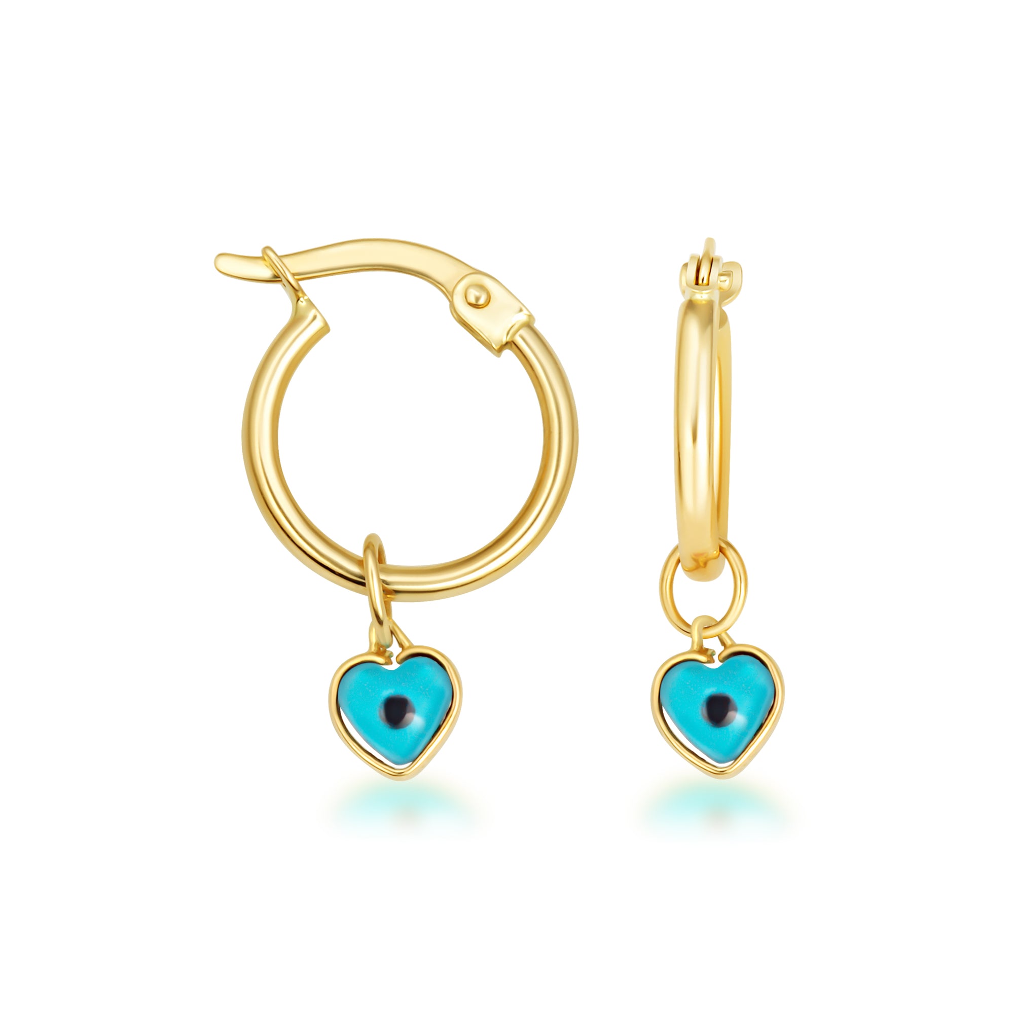 14K Gold Heart Evil Eye Hoop Earrings with Turquoise Enamel