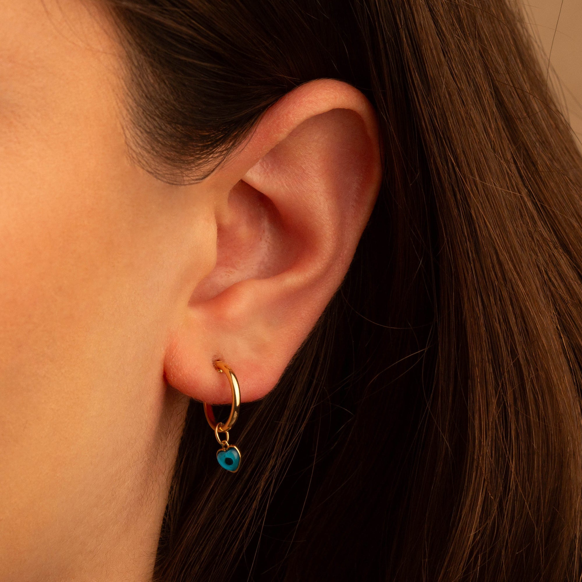 14K Gold Heart Evil Eye Hoop Earrings with Turquoise Enamel, view 2