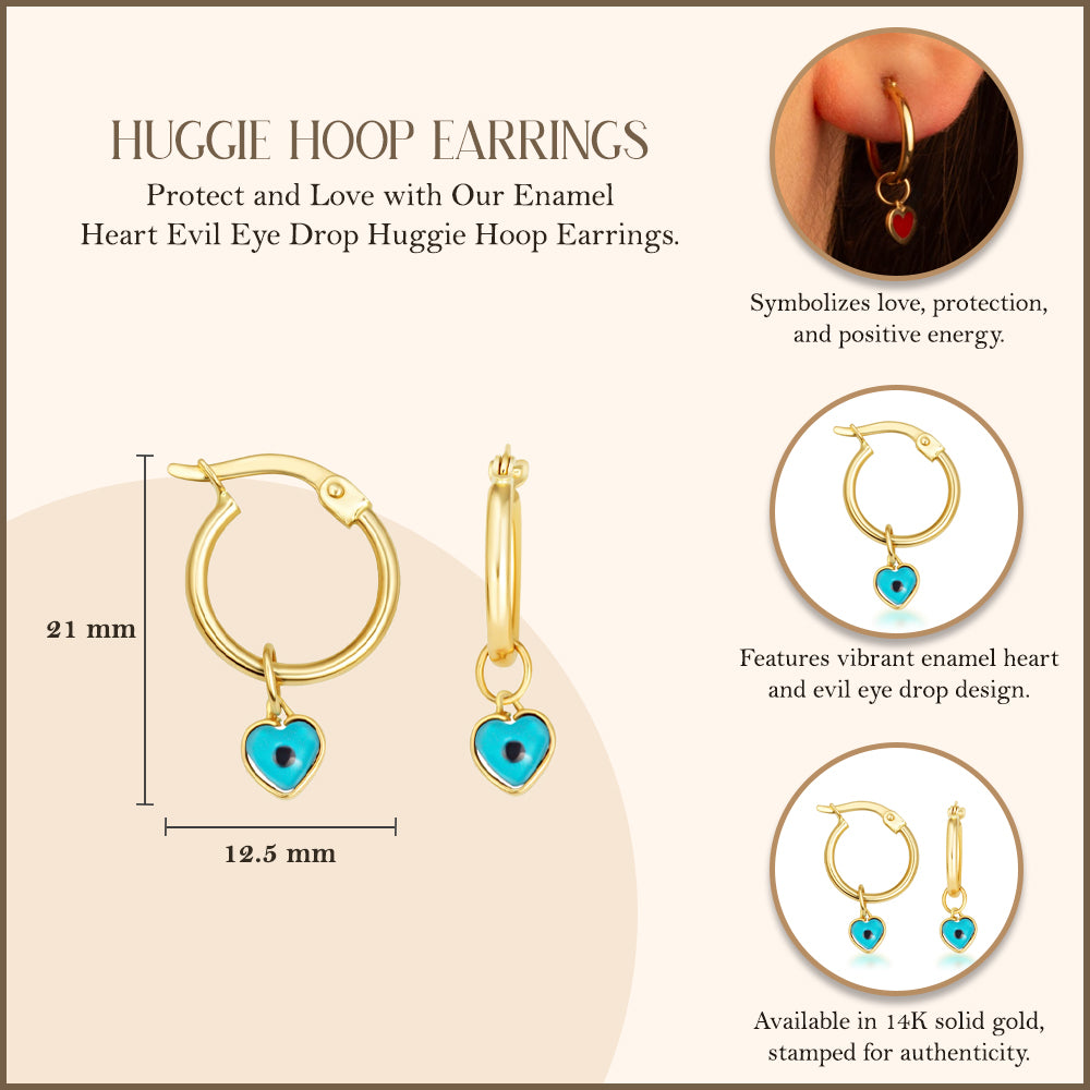 14K Gold Heart Evil Eye Hoop Earrings with Turquoise Enamel, view 3