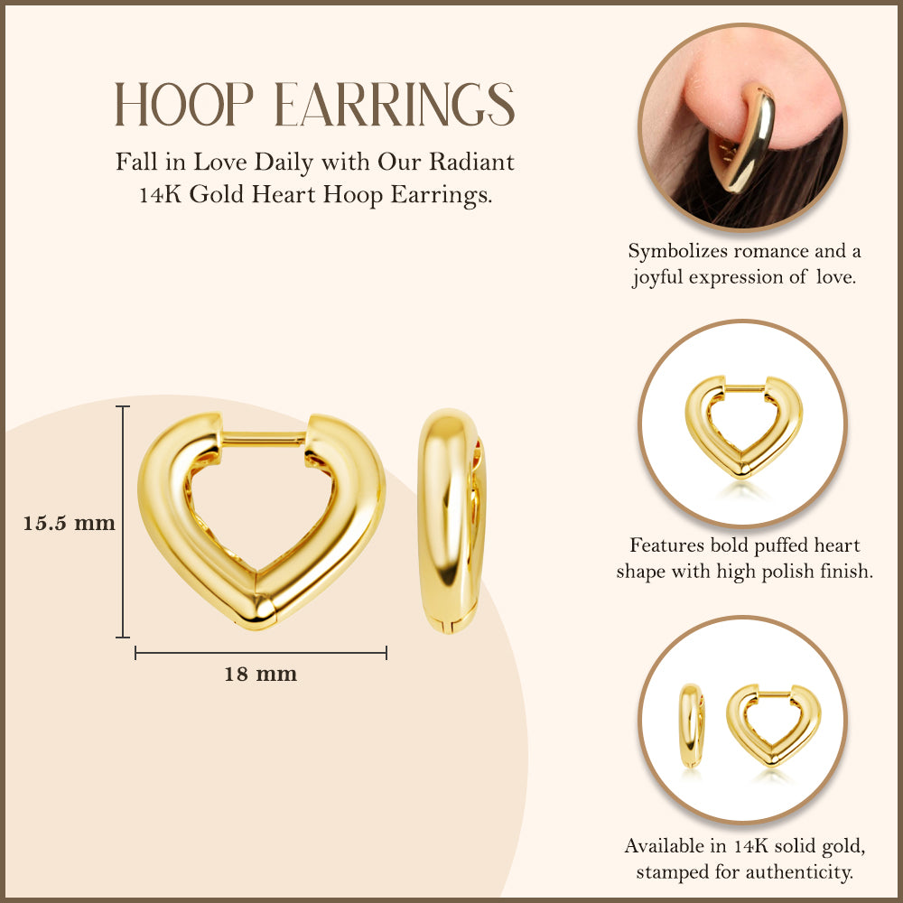 14K Gold Heart Hoop Earrings, view 2