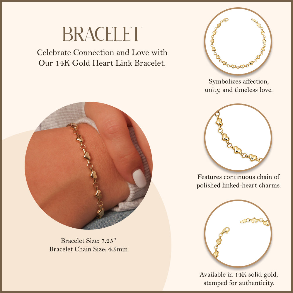 14K Gold Heart Link Bracelet, view 3
