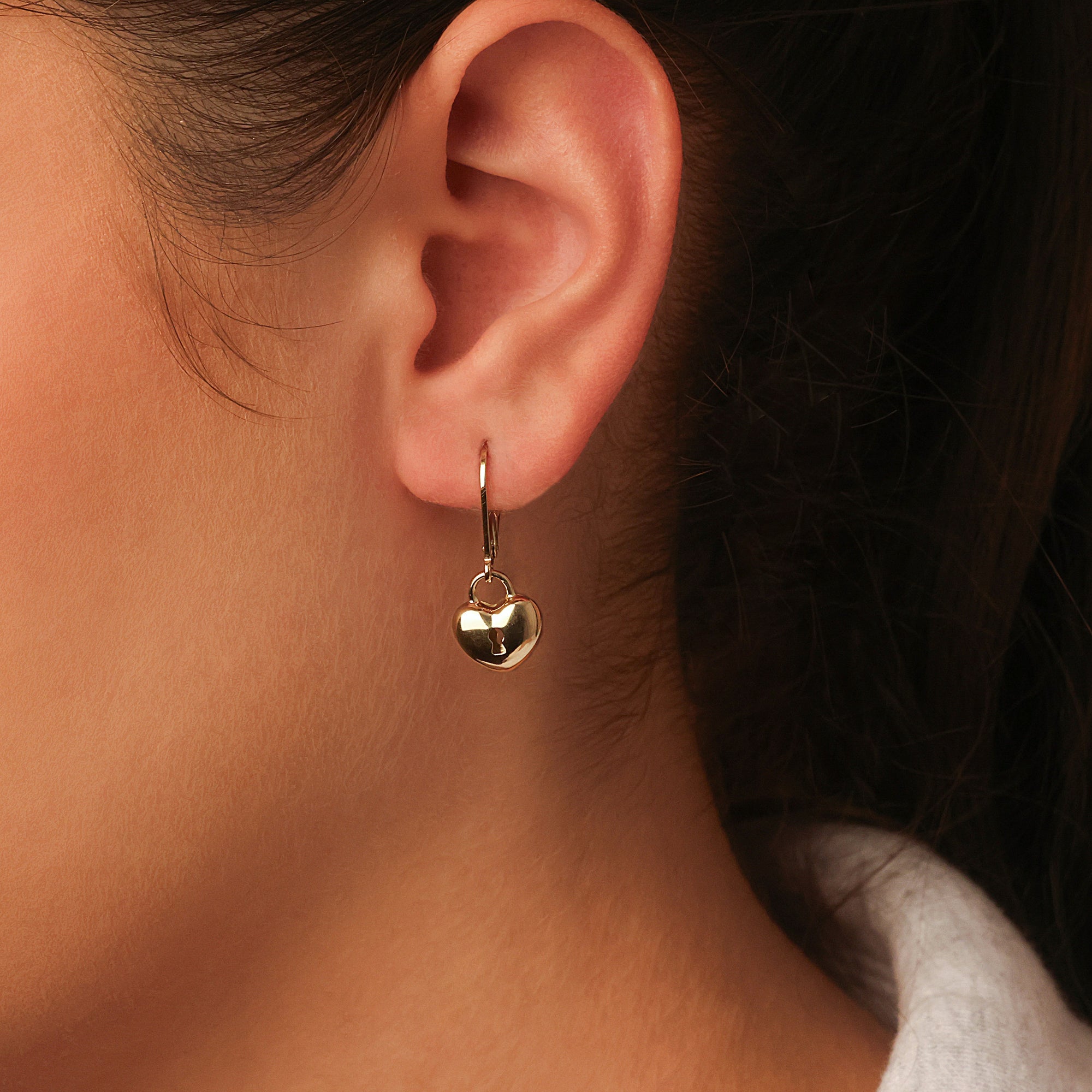 14K Gold Heart Lock Leverback Earrings, view 2