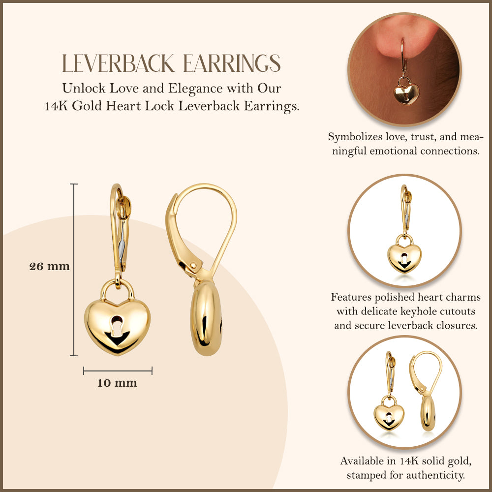 14K Gold Heart Lock Leverback Earrings, view 3