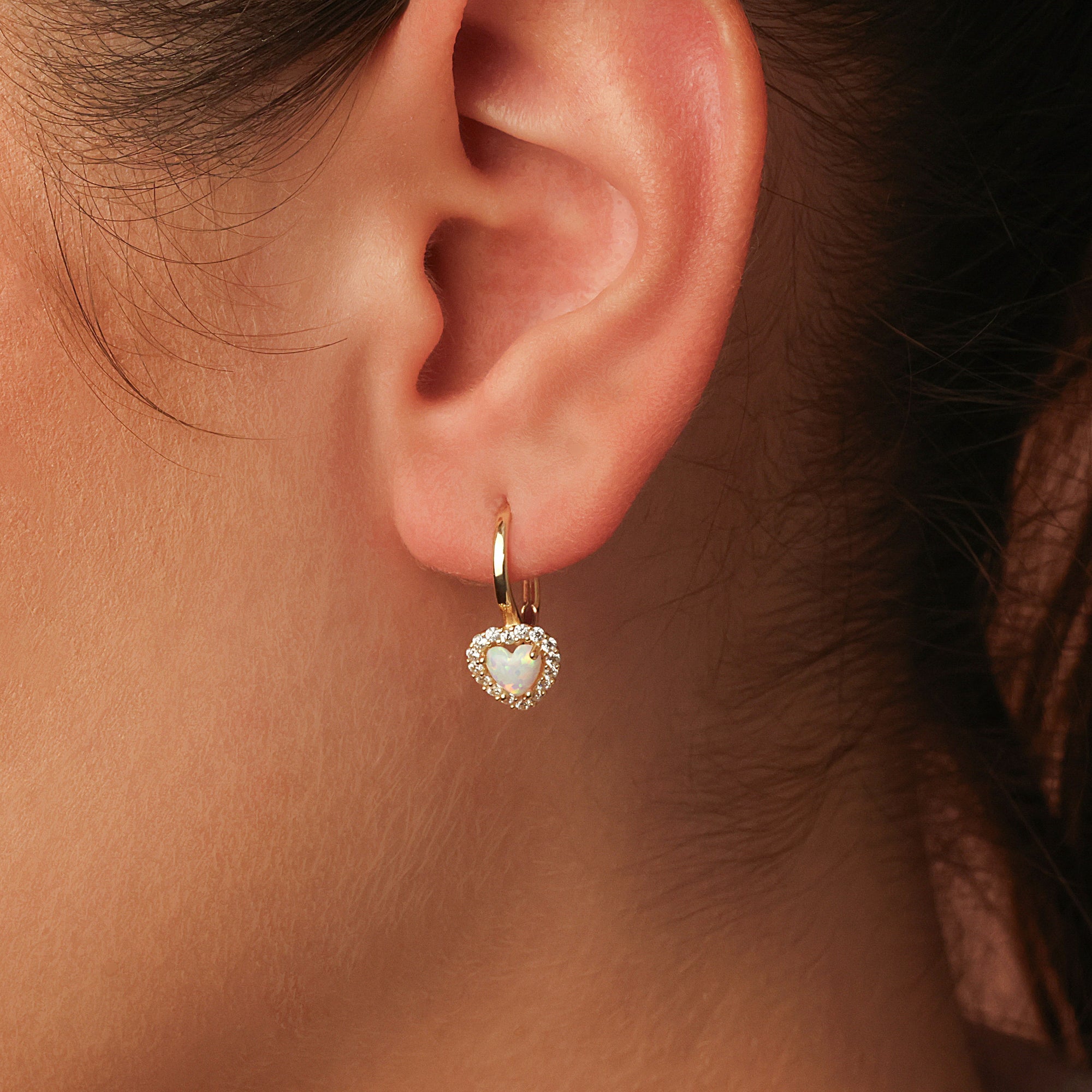 14K Gold Heart Opal Birthstone Leverback Earrings with Cubic Zirconia, view 2
