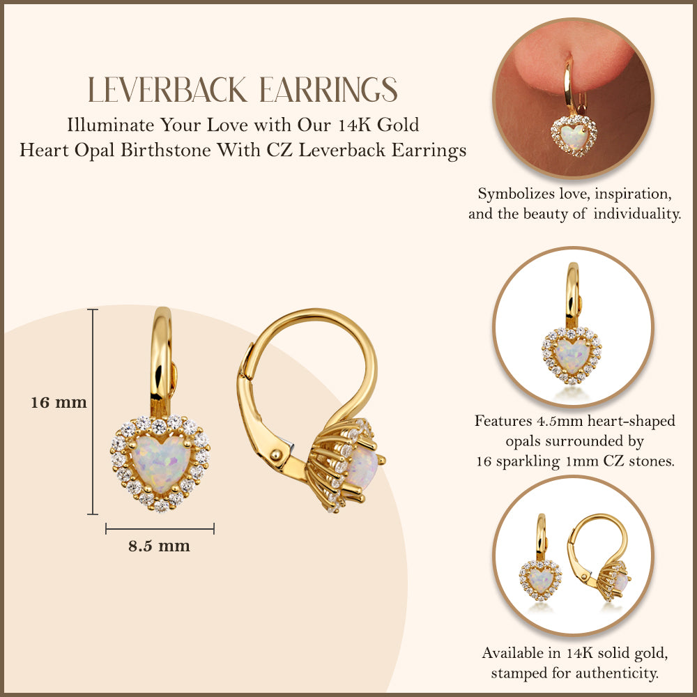 14K Gold Heart Opal Birthstone Leverback Earrings with Cubic Zirconia, view 3