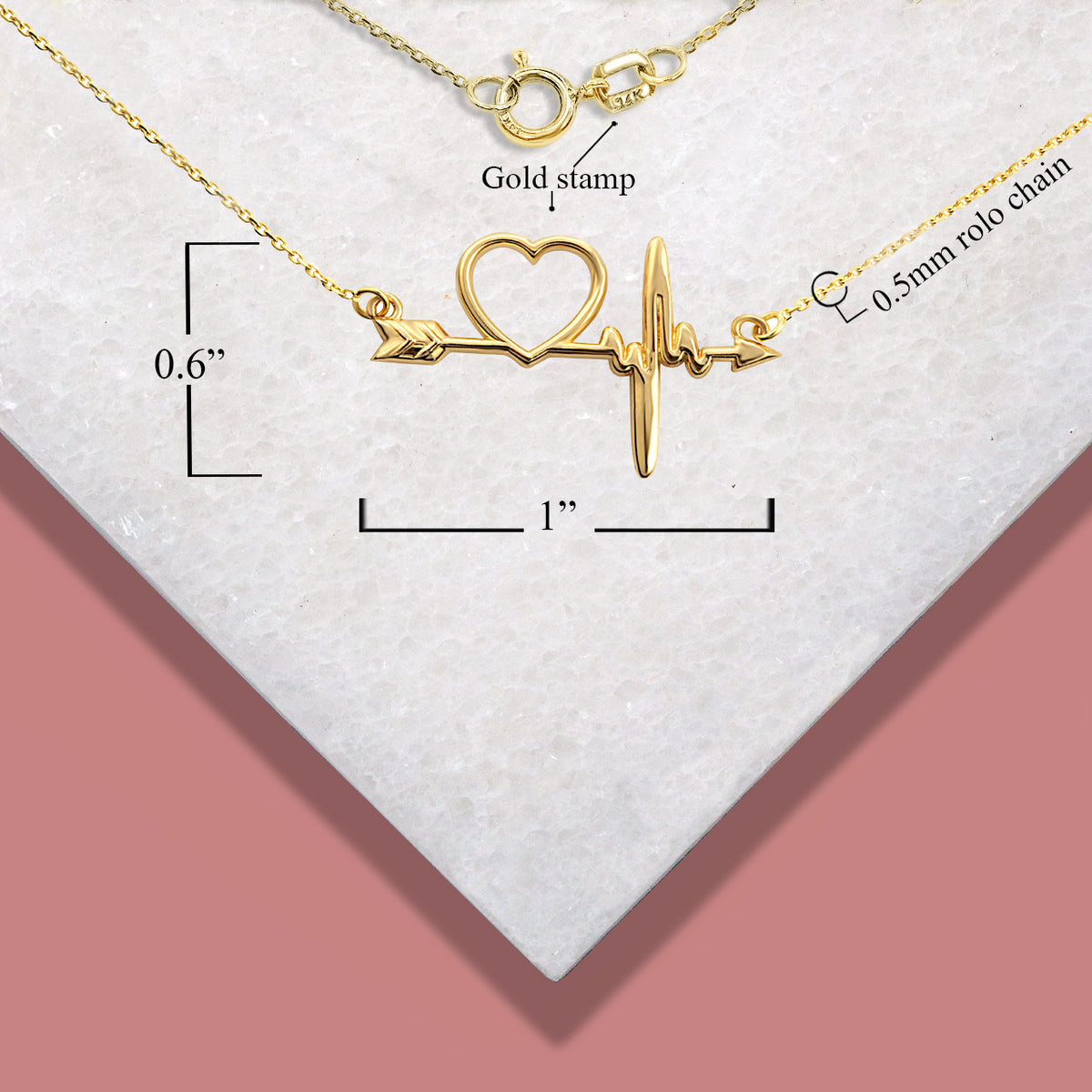 14K Gold Heartbeat Bow & Arrow Cupid Love Necklace, view 3