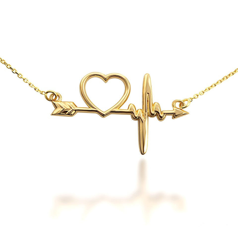 14K Gold Heartbeat Bow & Arrow Cupid Love Necklace, view 6