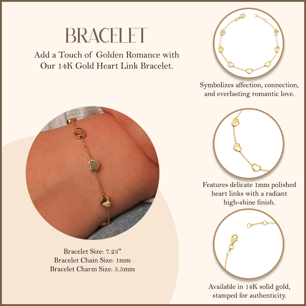 14K Gold High Polished Heart Bracelet, view 3
