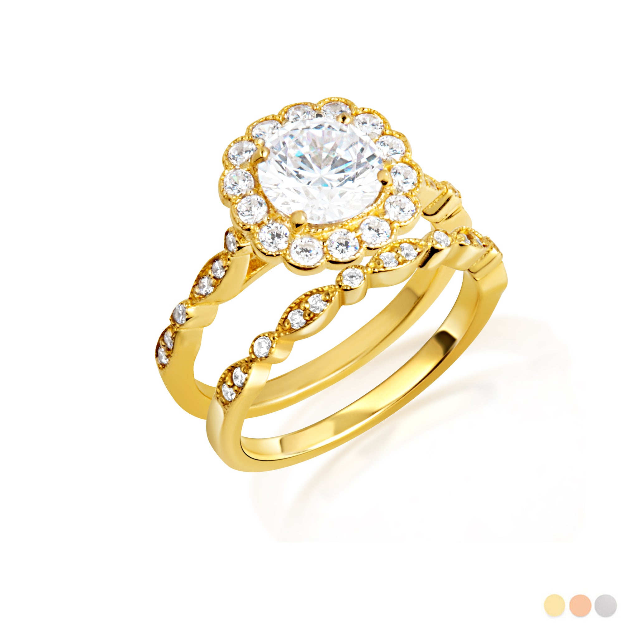 14K Gold Lab-Grown Diamond Halo Engagement Band Ring Set
