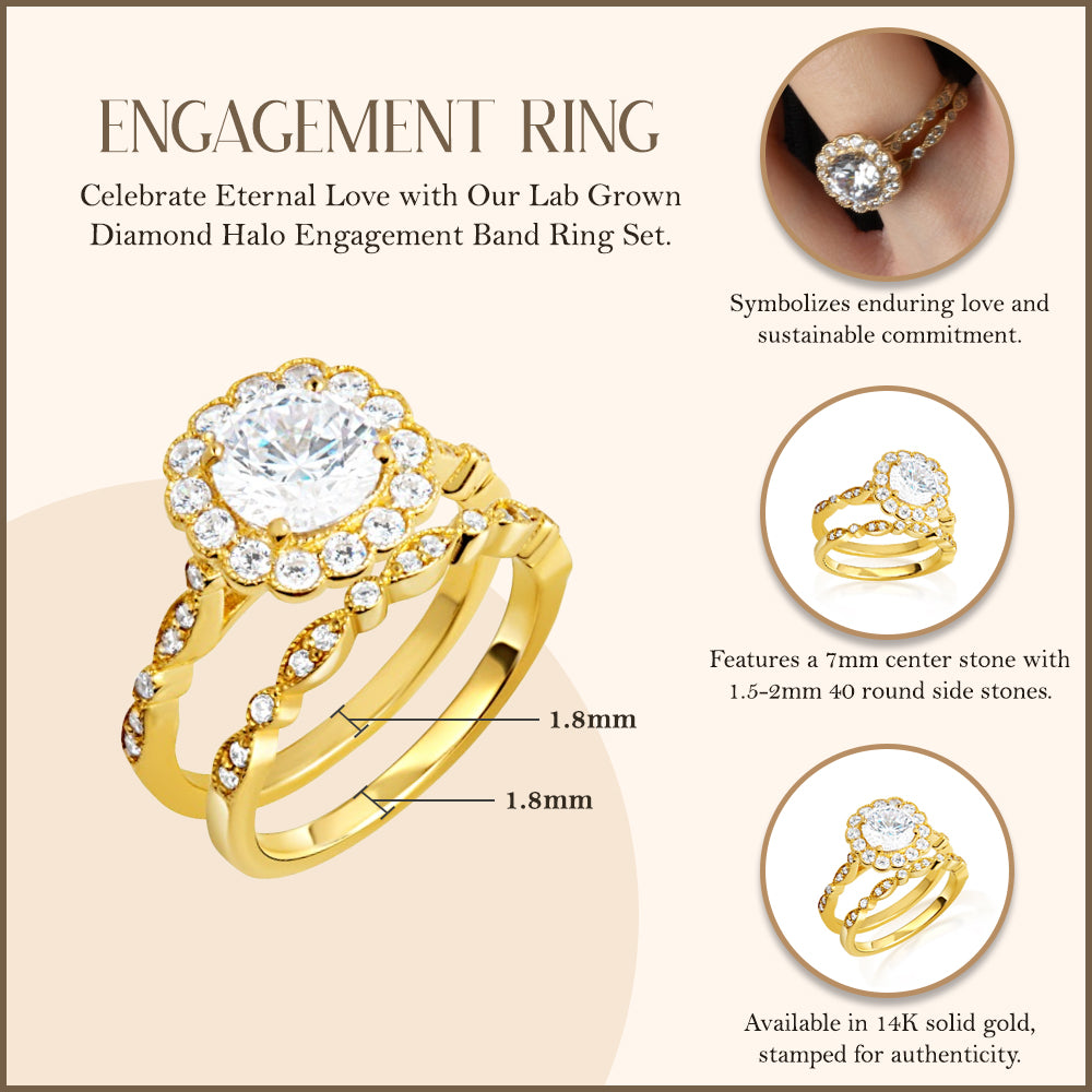 14K Gold Lab-Grown Diamond Halo Engagement Band Ring Set, view 4