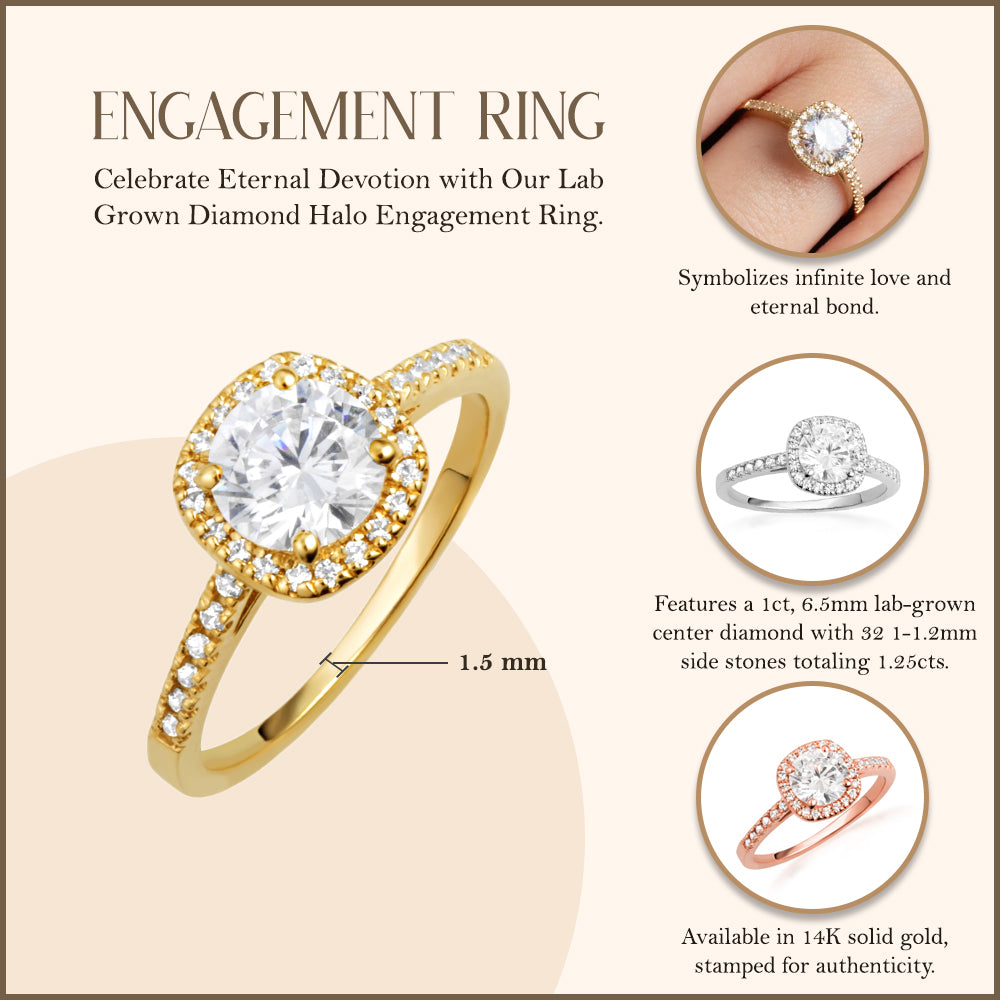 14K Gold Lab-Grown Diamond Halo Engagement Ring, view 3