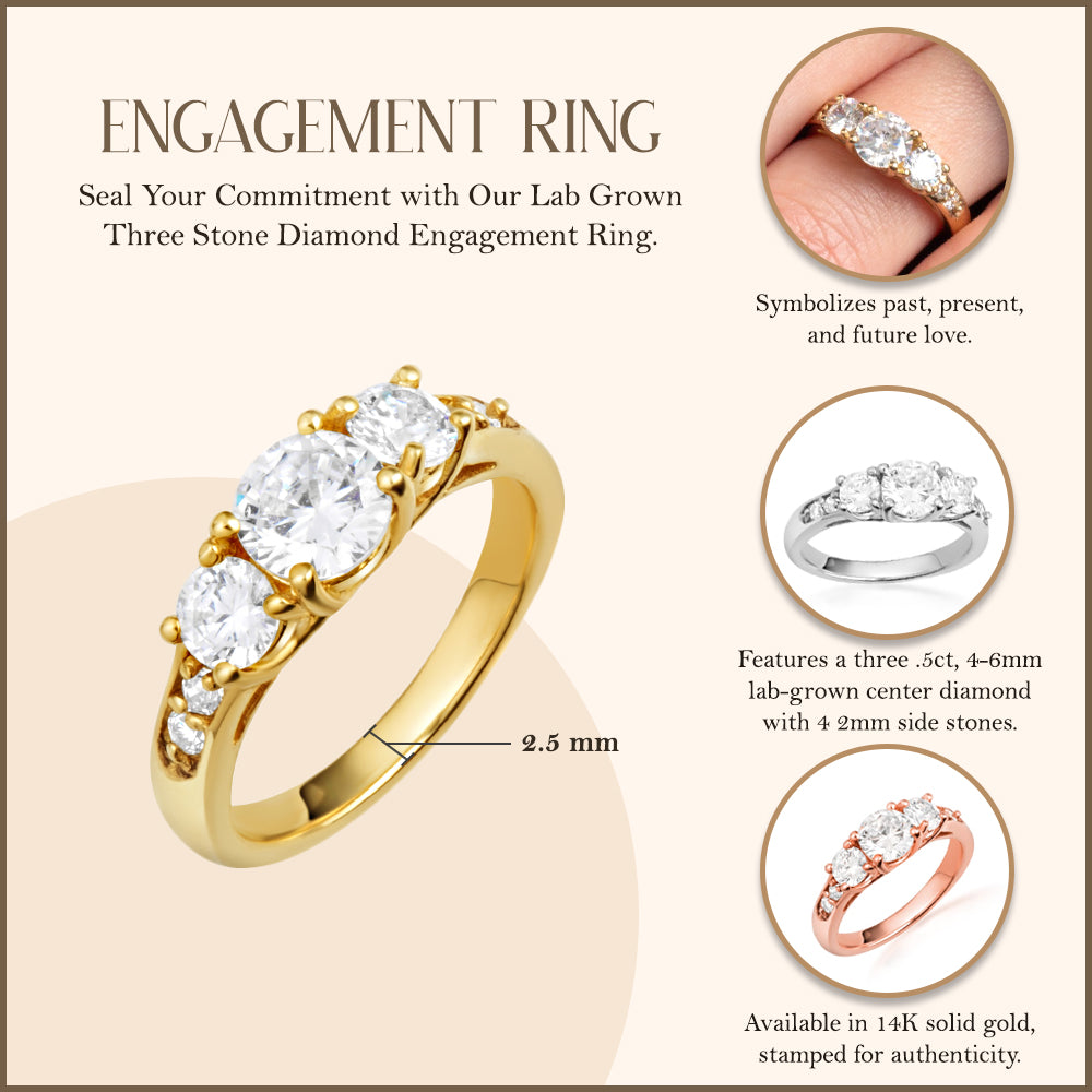 14K Gold Lab-Grown Three Stone Diamond Engagement Ring, view 3