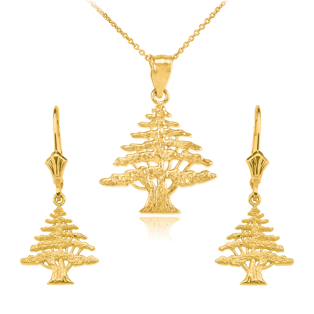 14K Gold Lebanese Cedar Tree Necklace Earring Set