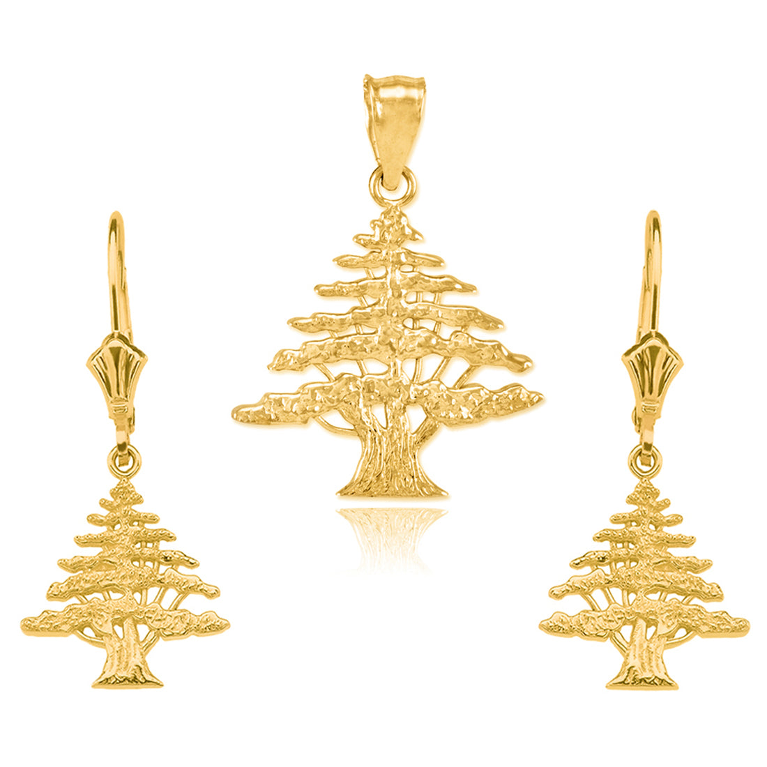 14K Gold Lebanese Cedar Tree Necklace Earring Set, view 2