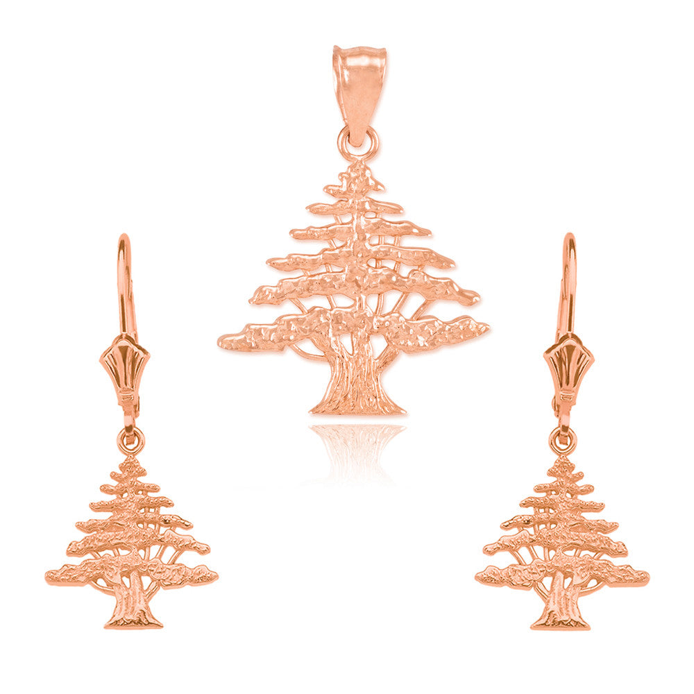 14K Gold Lebanese Cedar Tree Necklace Earring Set, view 5