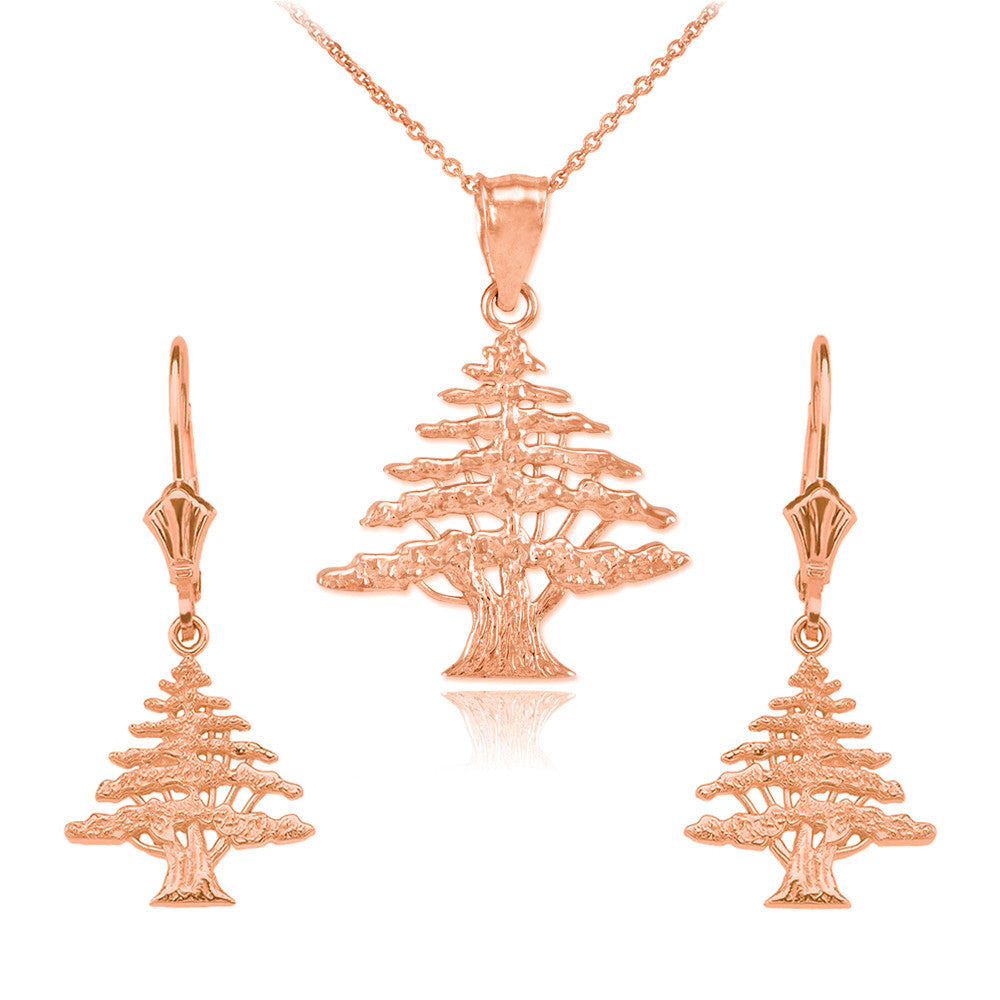 14K Gold Lebanese Cedar Tree Necklace Earring Set, view 6