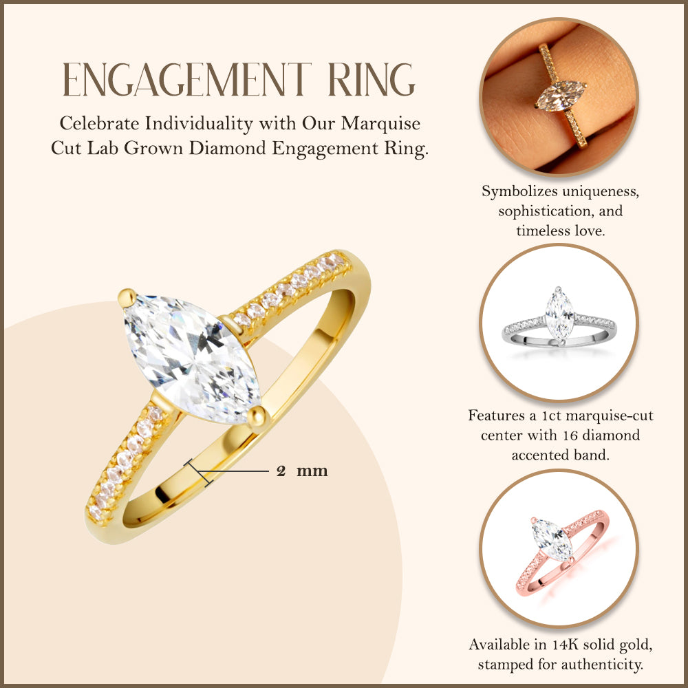 14K Gold Marquise Cut Lab-Grown Diamond Engagement Ring 1.13cts, view 3