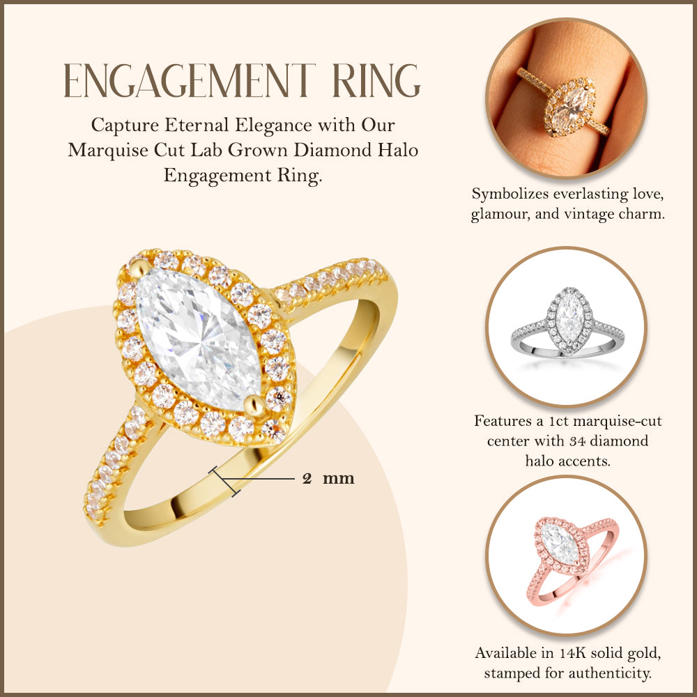 14K Gold Marquise Cut Lab-Grown Diamond Halo Engagement Ring, view 3