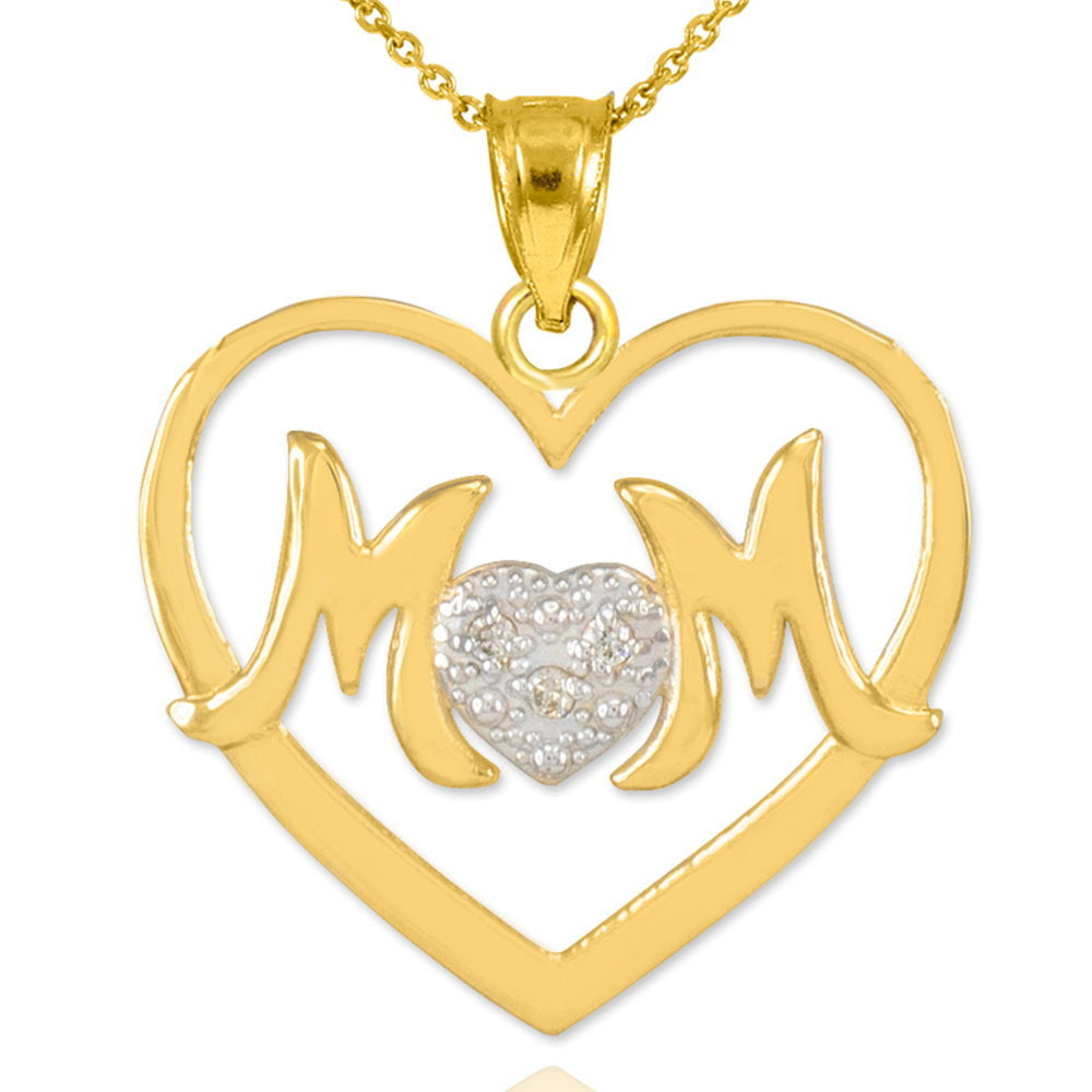 14K Gold Mom Diamond Heart Mother's Pendant Necklace