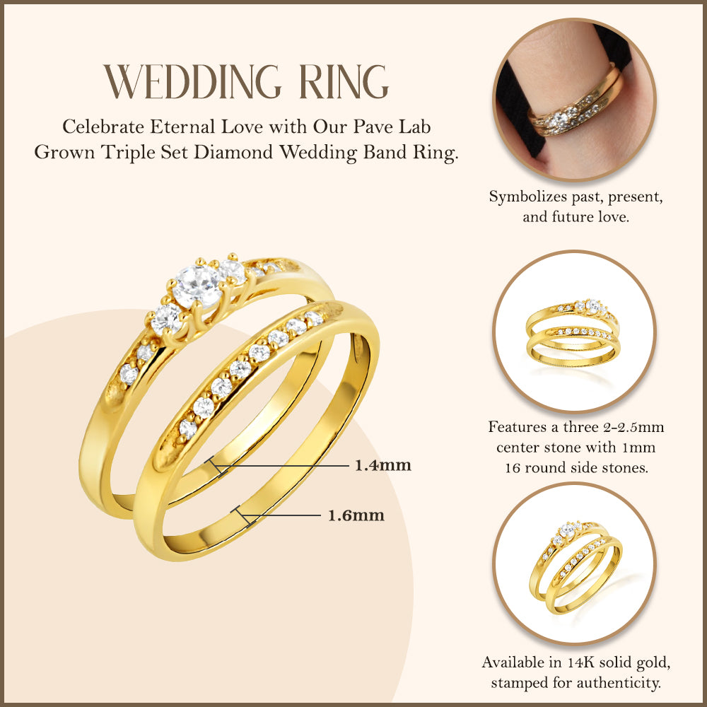 14K Gold Pave Lab-Grown Triple Set Diamond Wedding Band Ring Set, view 4