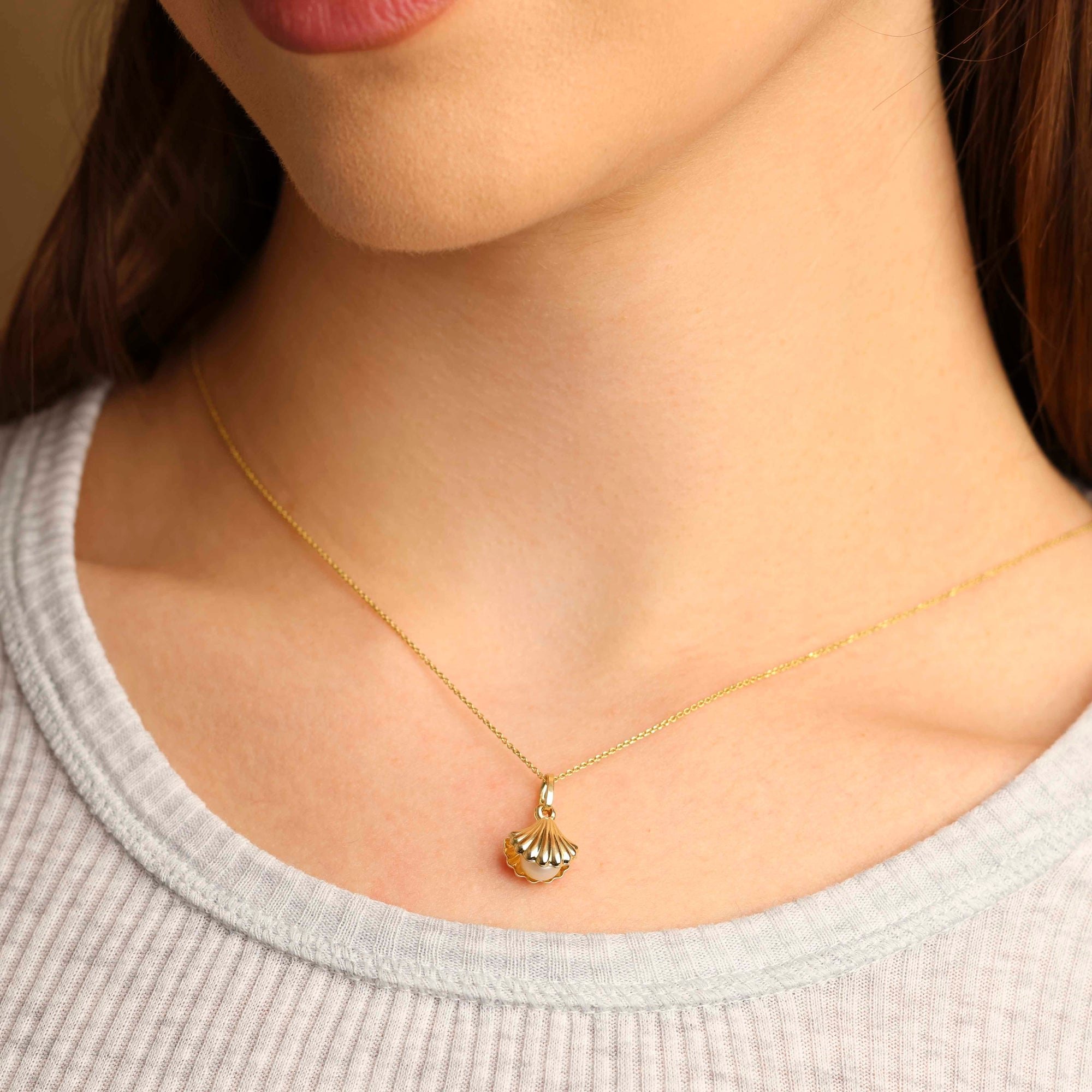 14K Gold Pearl Seashell Necklace, view 2
