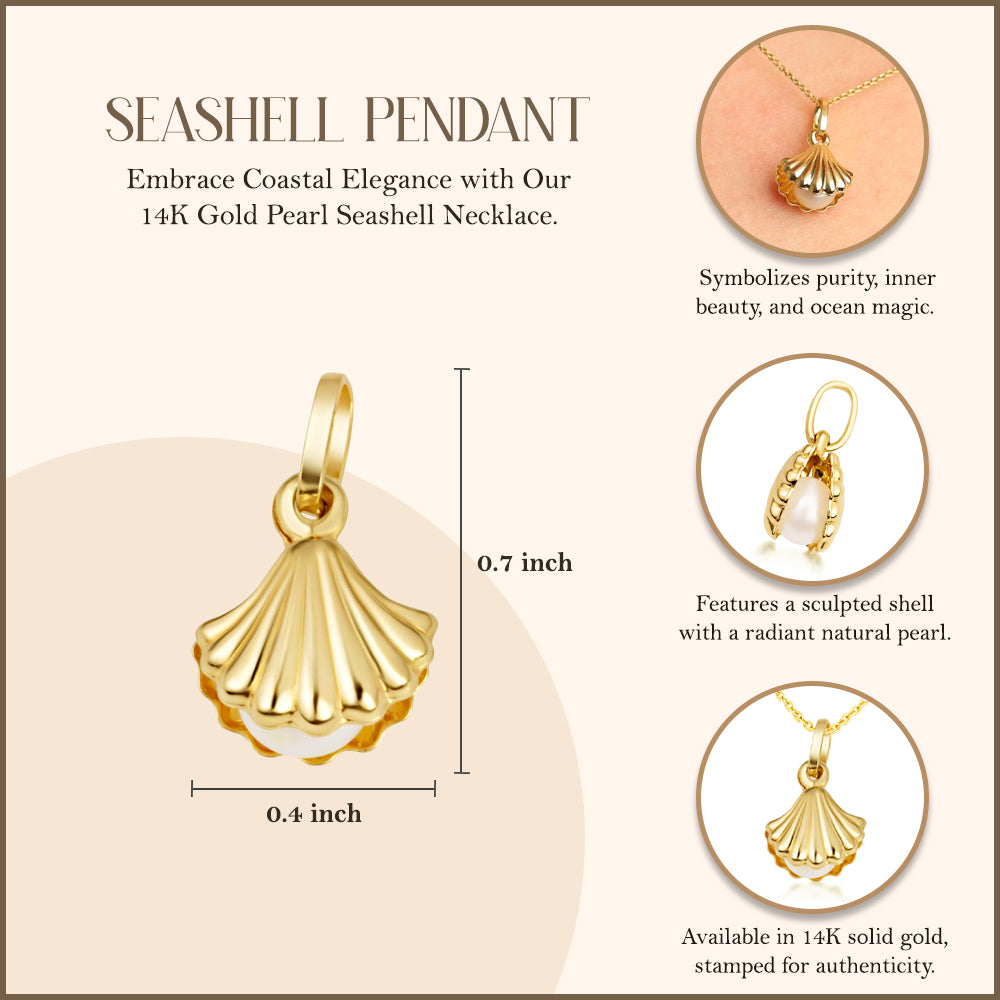 14K Gold Pearl Seashell Necklace, view 3