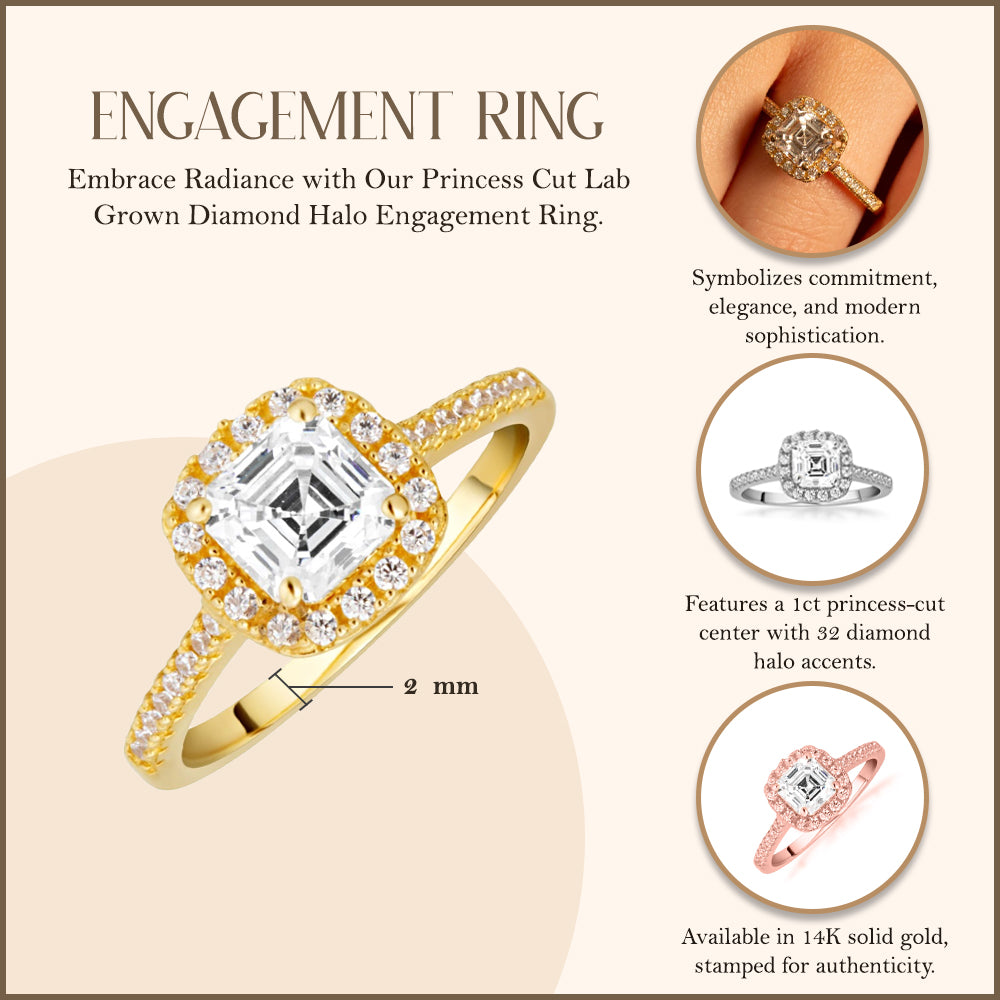 14K Gold Princess Cut Lab-Grown Diamond Halo Engagement Ring, view 3