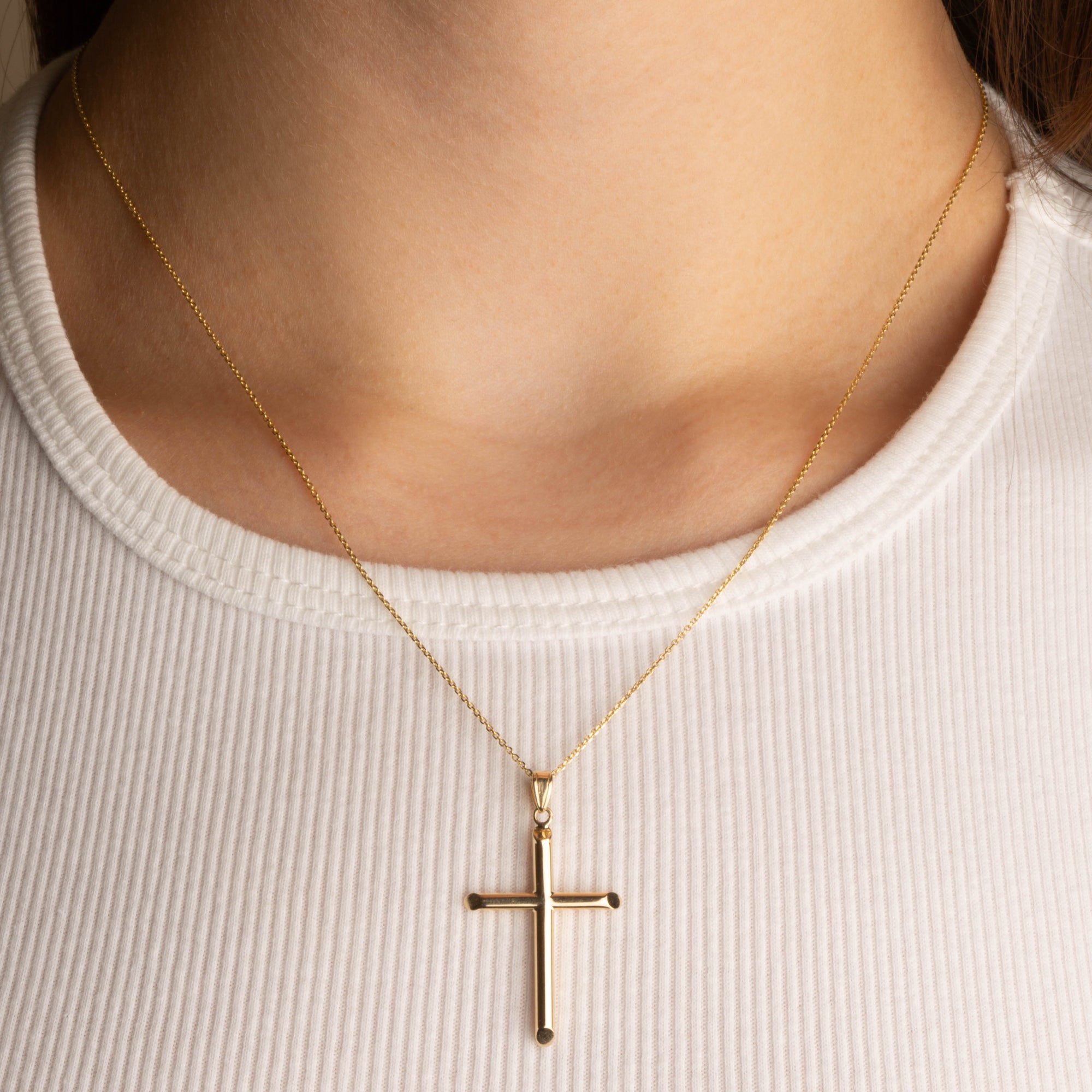 14K Gold Religious Cross Crucifix Tube Pendant Necklace, view 2
