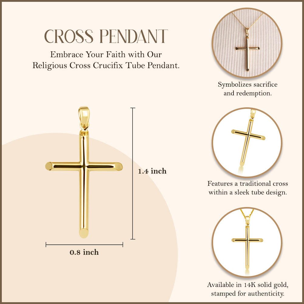 14K Gold Religious Cross Crucifix Tube Pendant Necklace, view 3