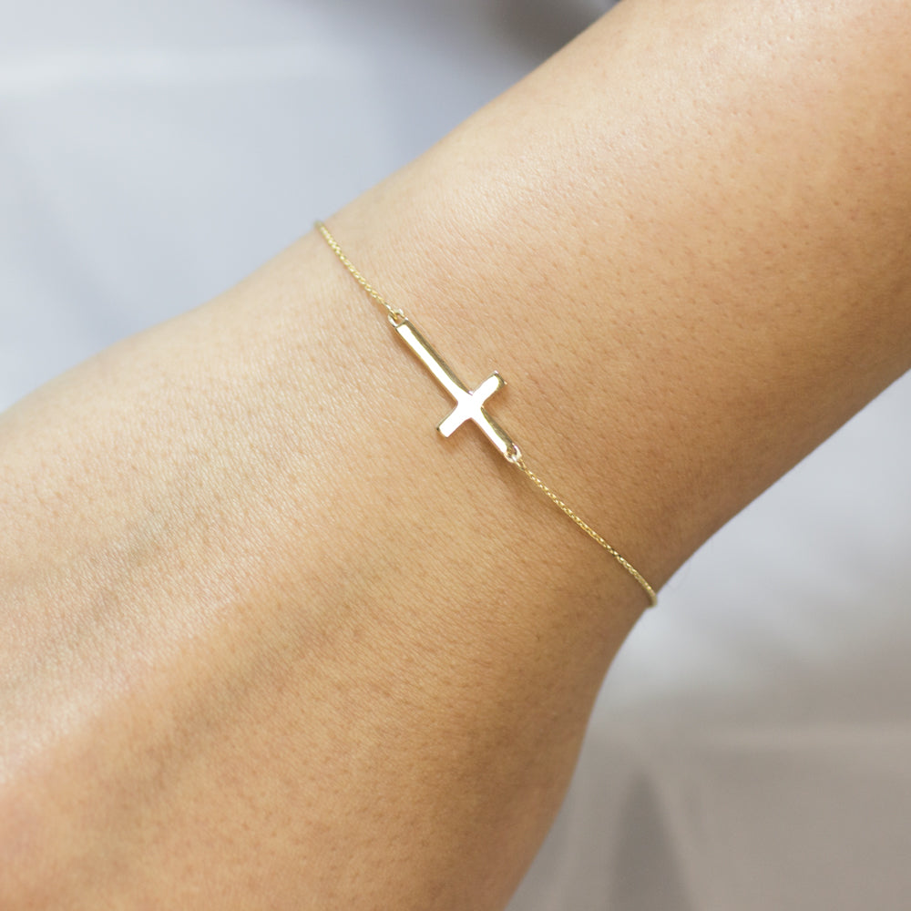 14K Gold Religious Sideways Cross Bracelet, view 2