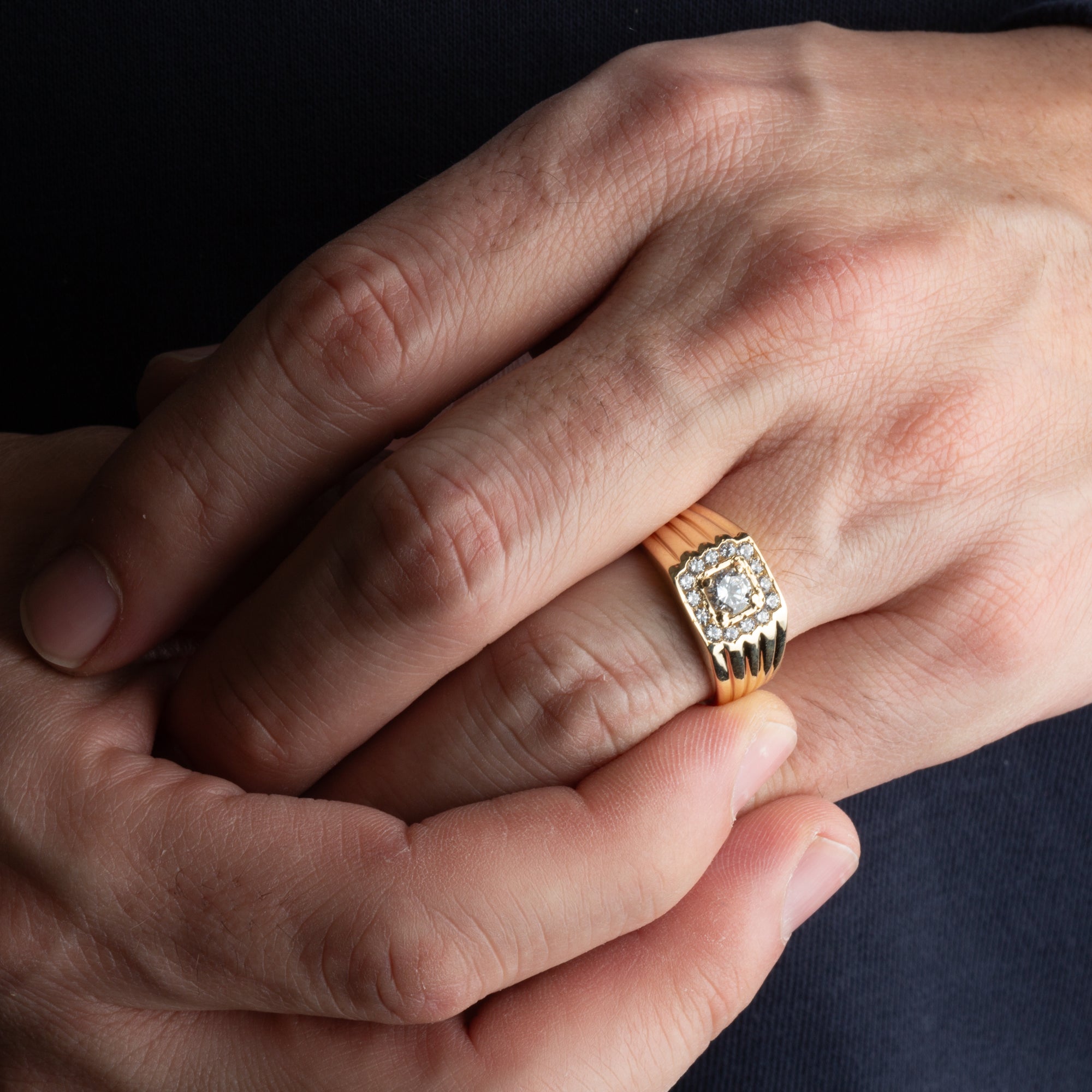 14K Gold Ribbed Lab-Grown Diamond Square Halo Men's Ring, view 2
