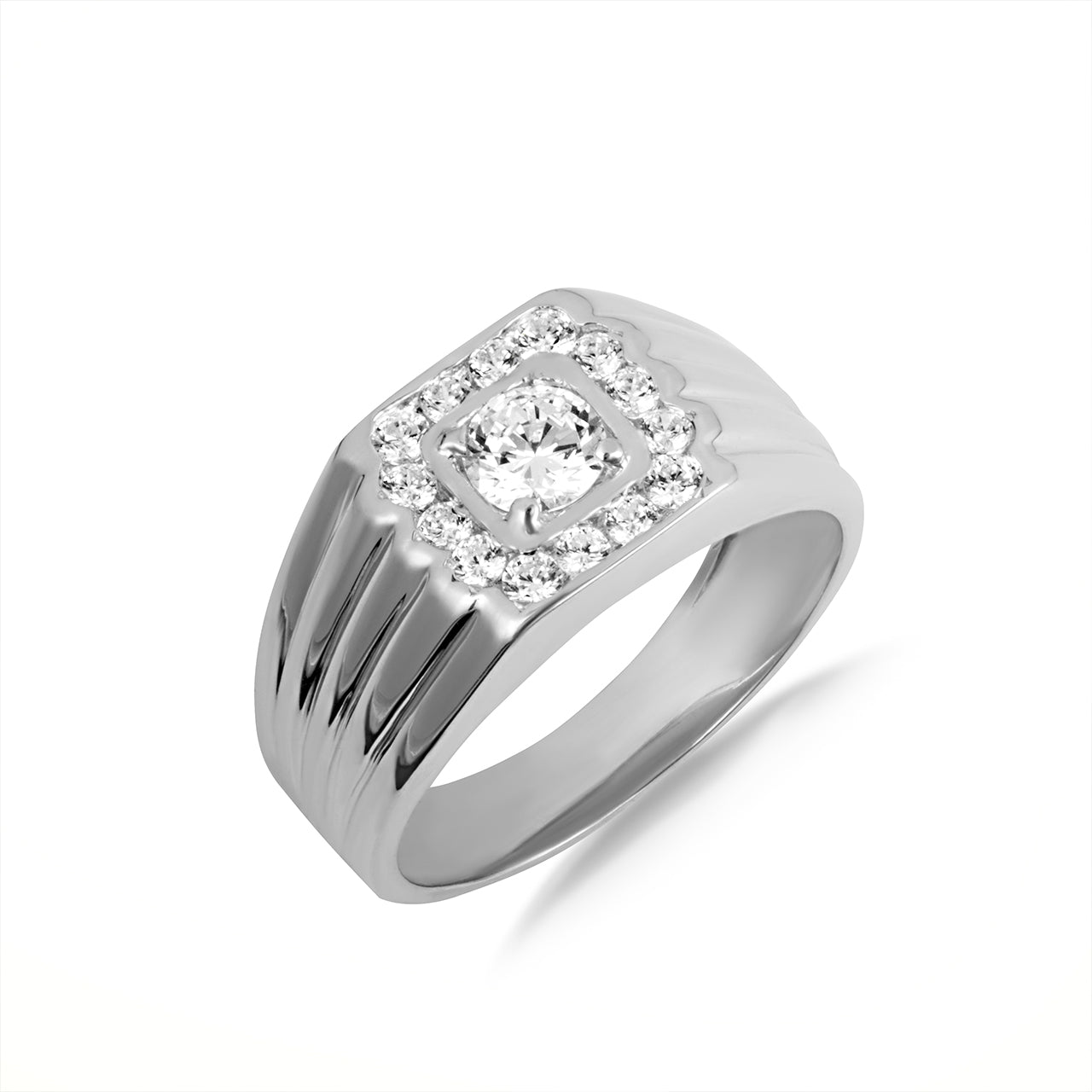 14K Gold Ribbed Lab-Grown Diamond Square Halo Men's Ring, view 4