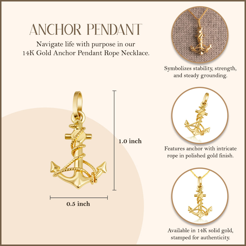 14K Gold Rope Anchor Pendant Necklace, view 4