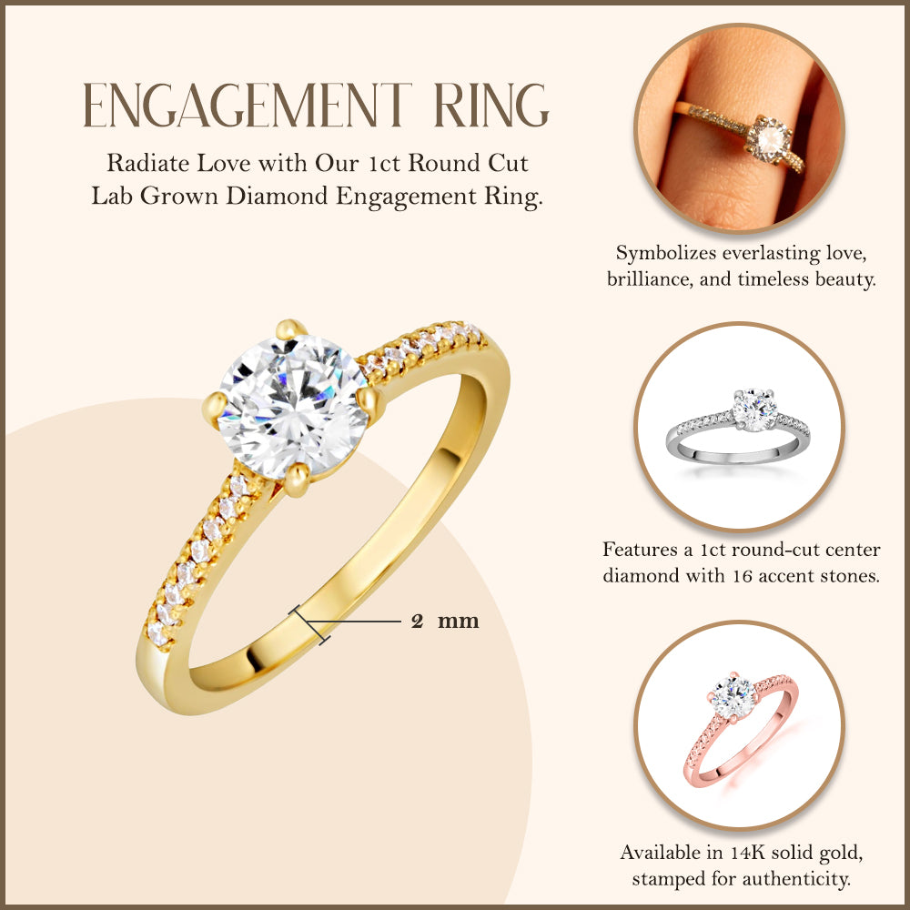 14K Gold Round Cut Lab-Grown Diamond Engagement Ring 1.13cts, view 3