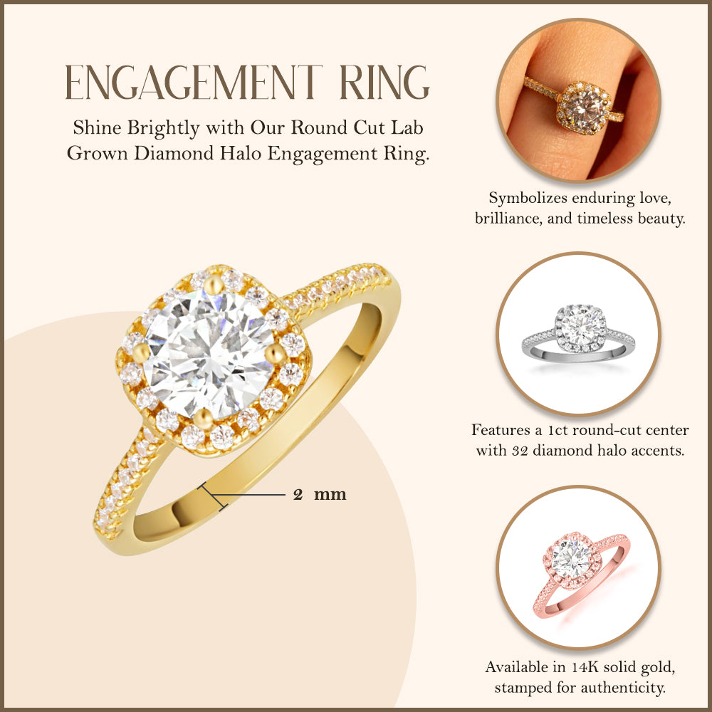 14K Gold Round Cut Lab-Grown Diamond Halo Engagement Ring, view 3