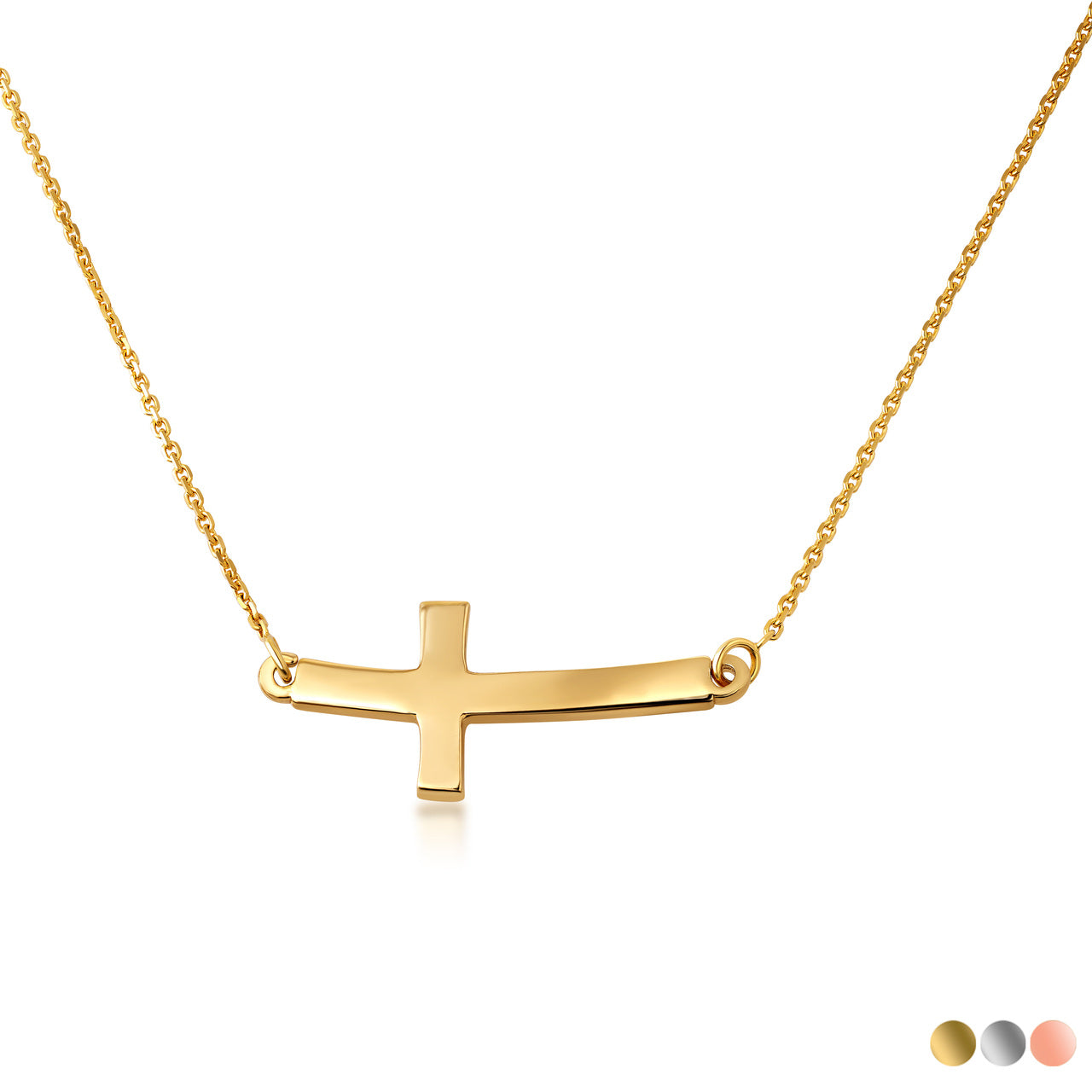 14K Gold Sideways Cross Pendant Necklace