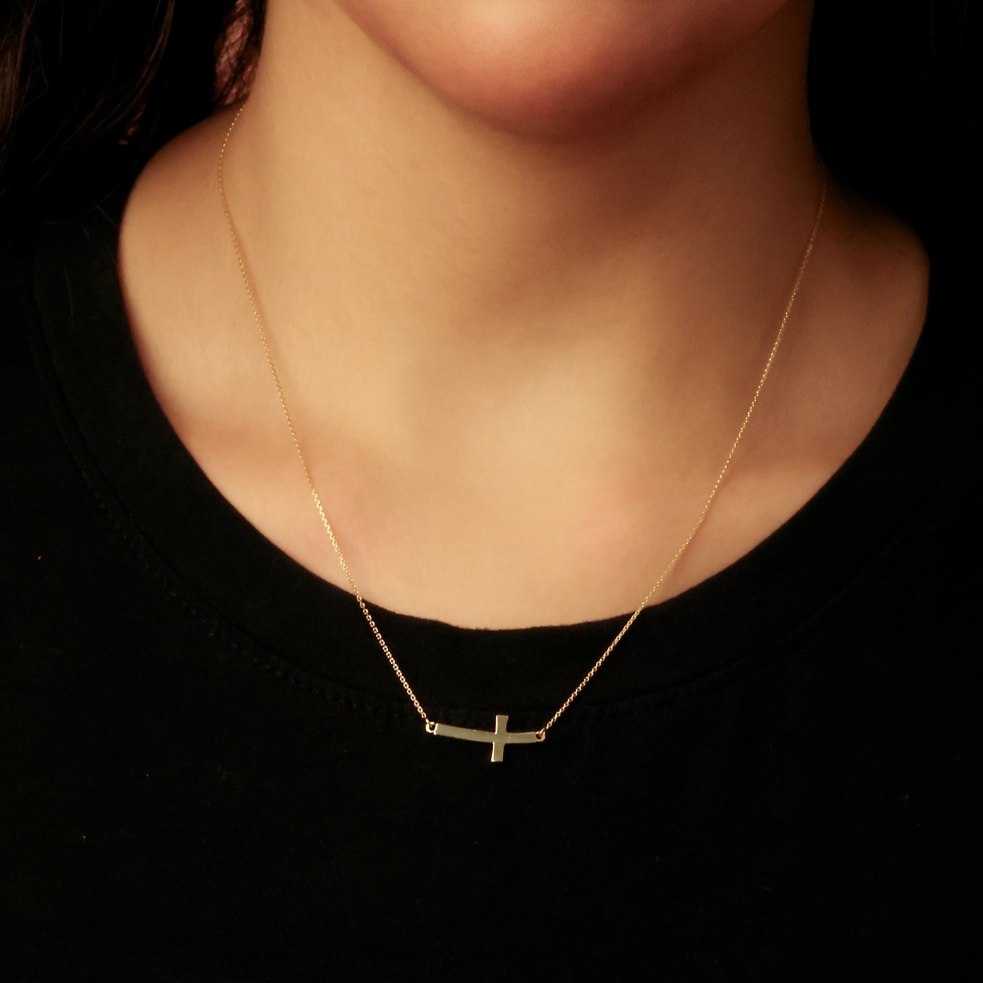 14K Gold Sideways Cross Pendant Necklace, view 2
