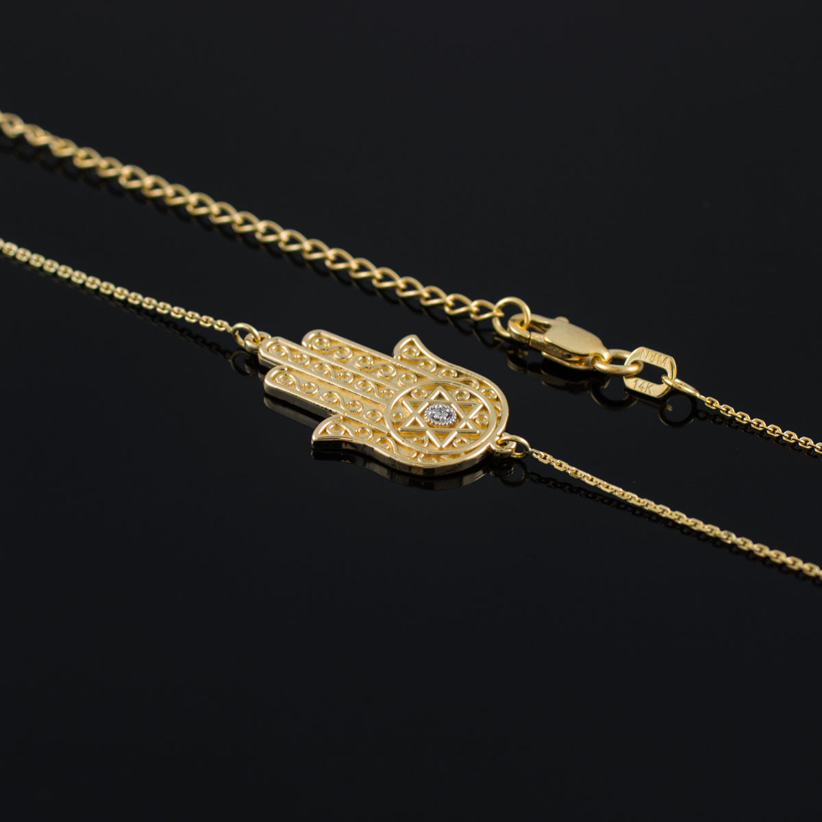 14K Gold Sideways Hamsa Hand Diamond Necklace, view 2