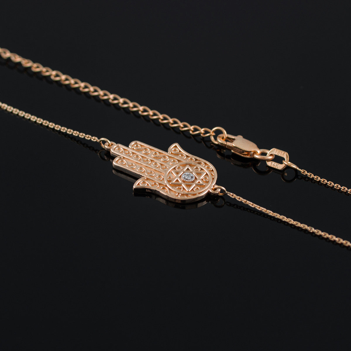 14K Gold Sideways Hamsa Hand Diamond Necklace, view 4