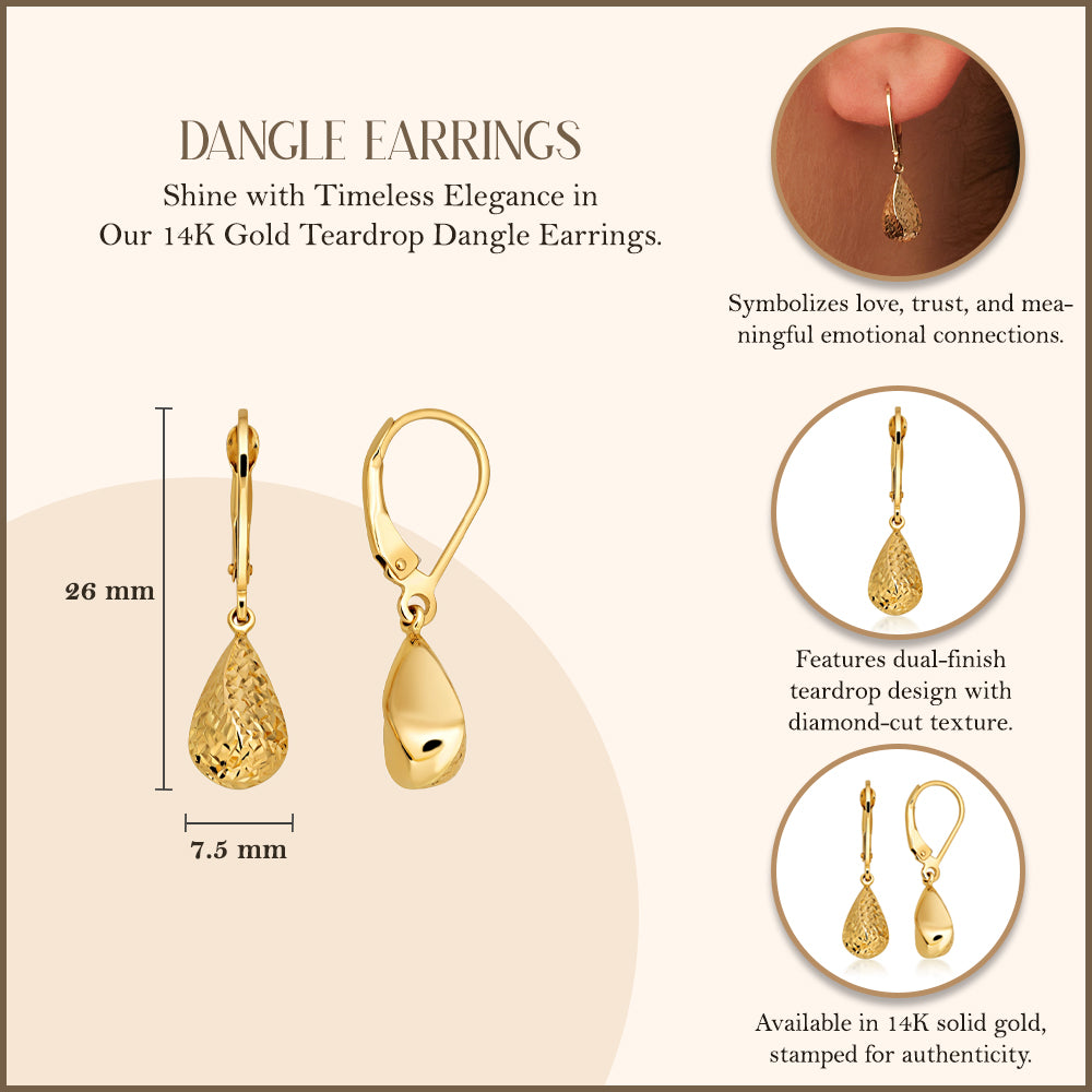 14K Gold Teardrop Dangle Earrings, view 3
