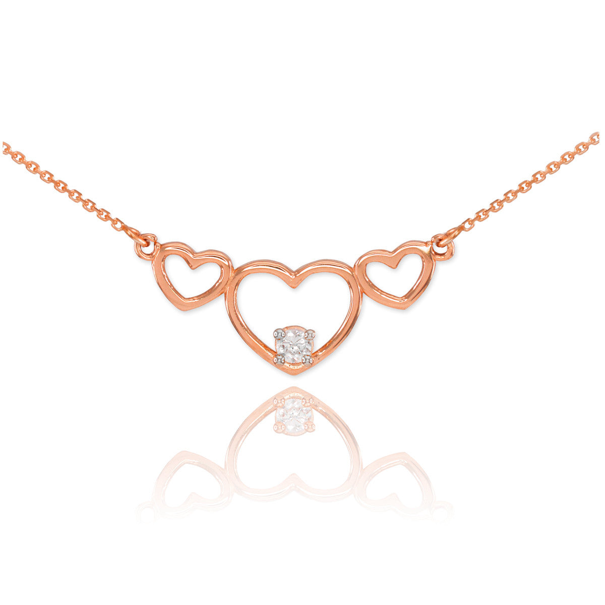 14K Gold Triple Heart Necklace with CZ, view 2