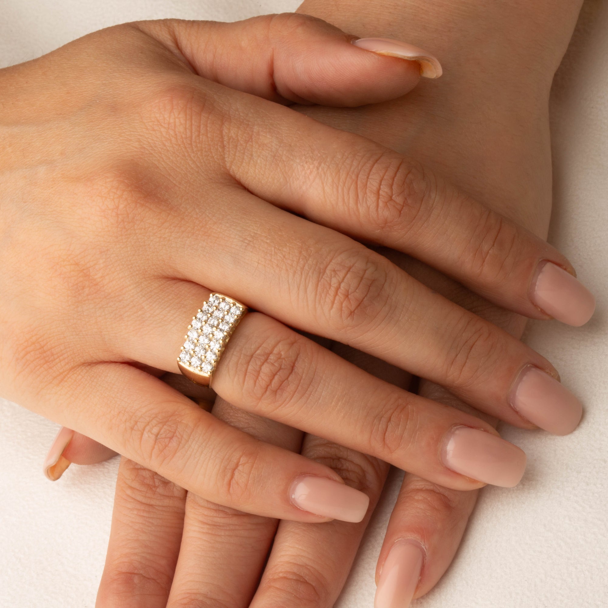 14K Gold Triple Row Lab Created Diamond Ring, view 3