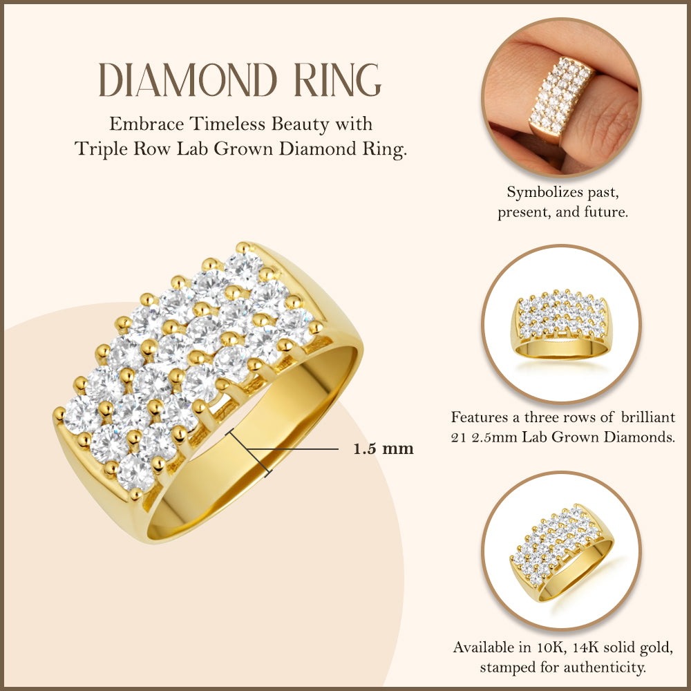 14K Gold Triple Row Lab Created Diamond Ring, view 4