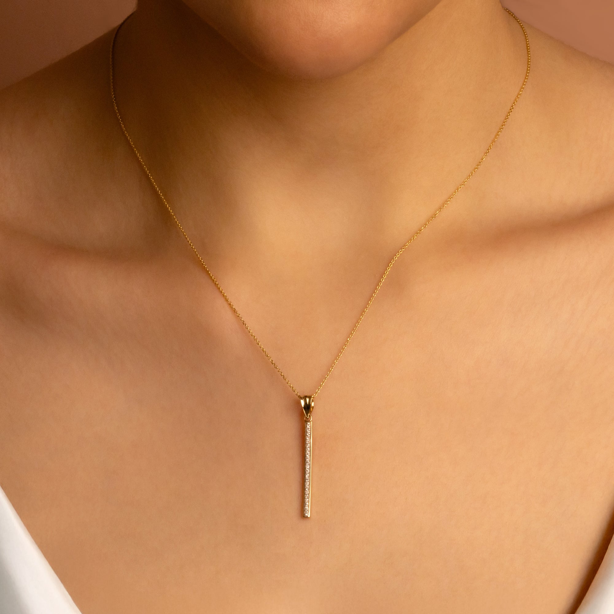 14K Gold Vertical Diamond Bar Pendant Necklace, view 2