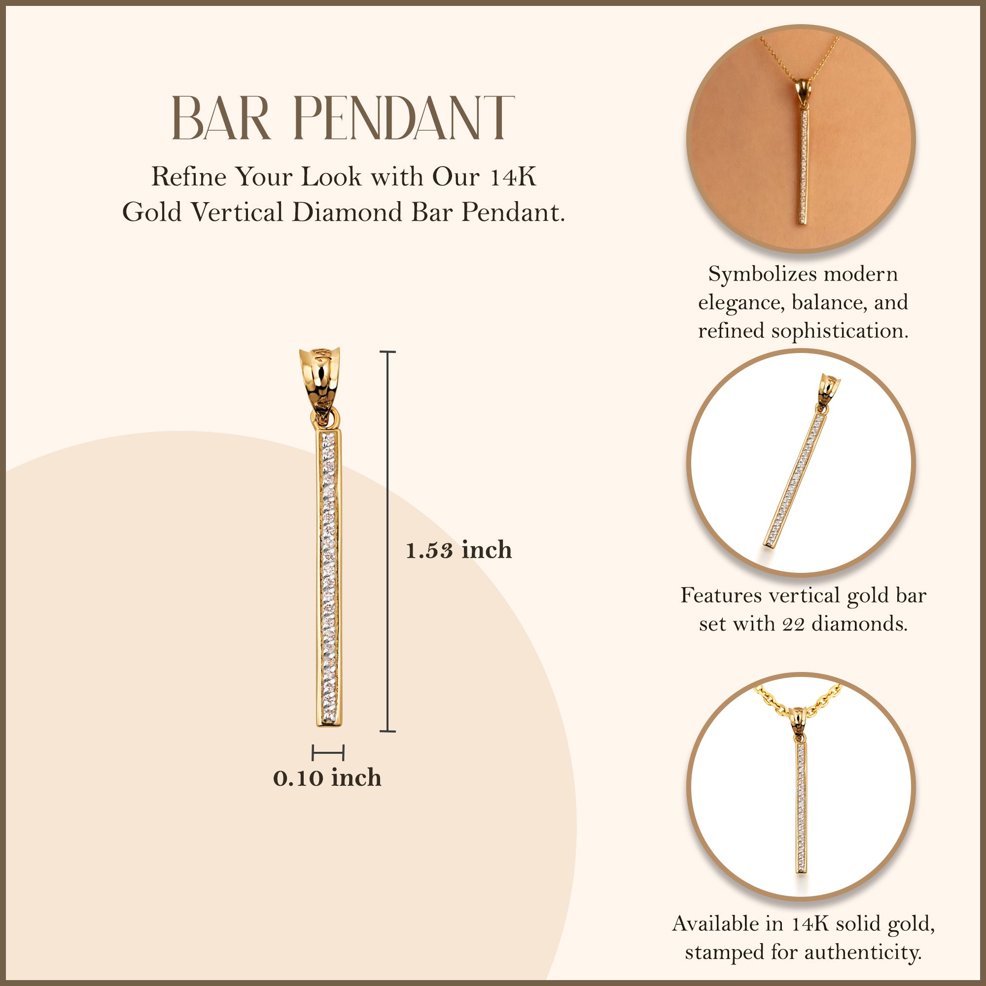 14K Gold Vertical Diamond Bar Pendant Necklace, view 3