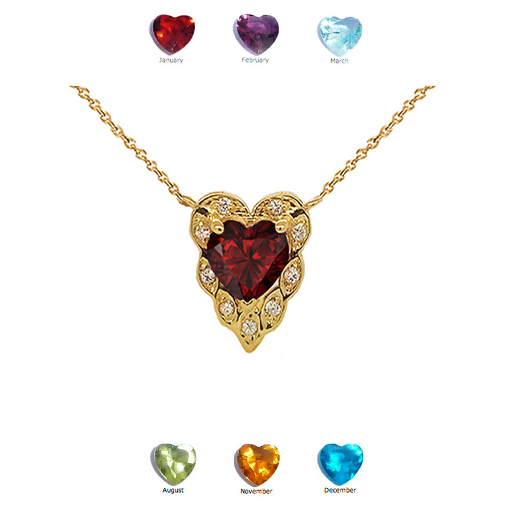 14K Halo Diamond Heart-Shaped Personalized Genuine Birthstone and Necklace in Yellow Gold