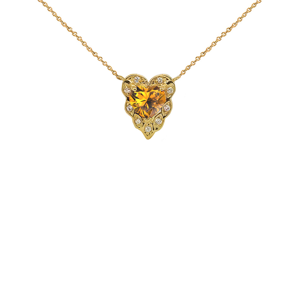 14K Halo Diamond Heart-Shaped Personalized Genuine Birthstone and Necklace in Yellow Gold, view 7