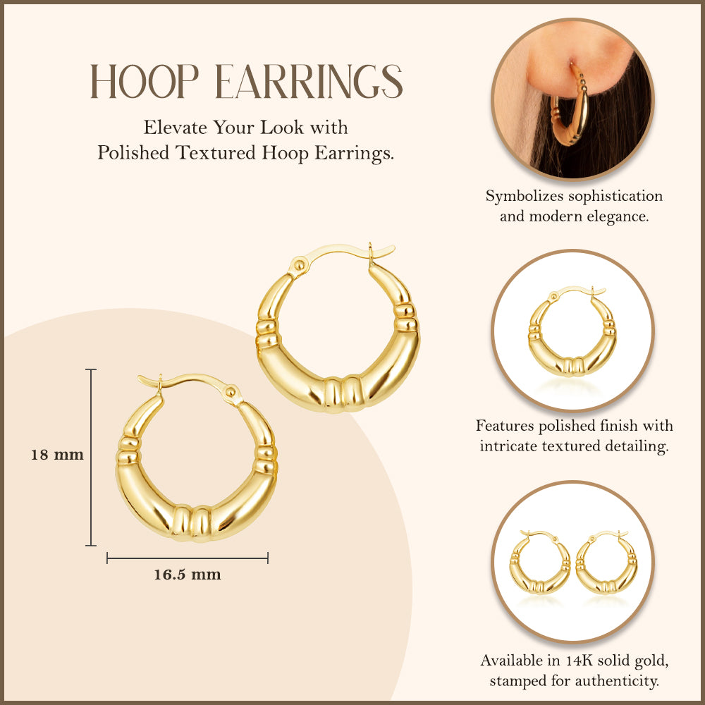 14K Polished Yellow Gold Textured Hoop Earrings, view 3